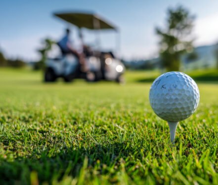 golf-ball-perched-tee-with-golf-cart-player-blurred-background-sunny-green-golf-course-clear-day